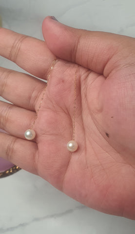 Genuine 18K yellow gold 6.4mm round freshwater drop pearl earrings