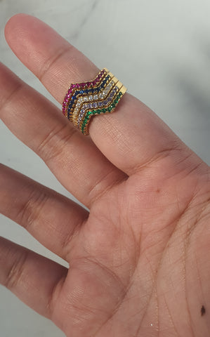 18K Gold Plated Chevron Band Multi Color Stone Rings