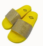 Neon Yellow Sole White Rhinestone Slides