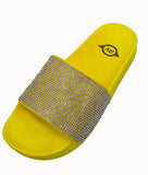 Neon Yellow Sole White Rhinestone Slides