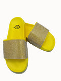 Neon Yellow Sole White Rhinestone Slides