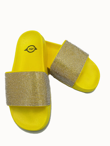 Neon Yellow Sole White Rhinestone Slides