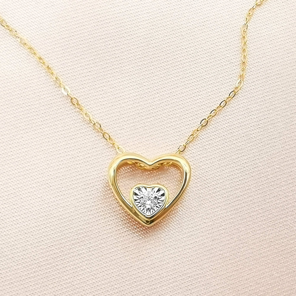 Carat Diamond 18k Yellow Gold Open Heart with Stud Pendant with Chain Necklace