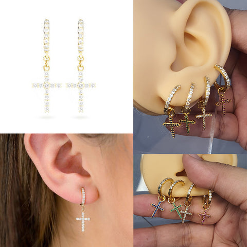 Dangling Cross Huggie Hoop Earrings