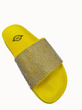 Neon Yellow Sole White Rhinestone Slides