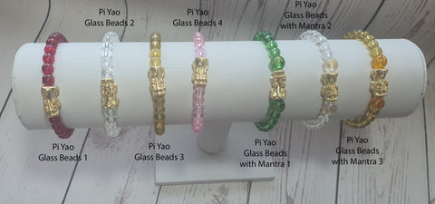 Minimalist Natural Glass Beads with Gold Plated Pi Yao and Mantra